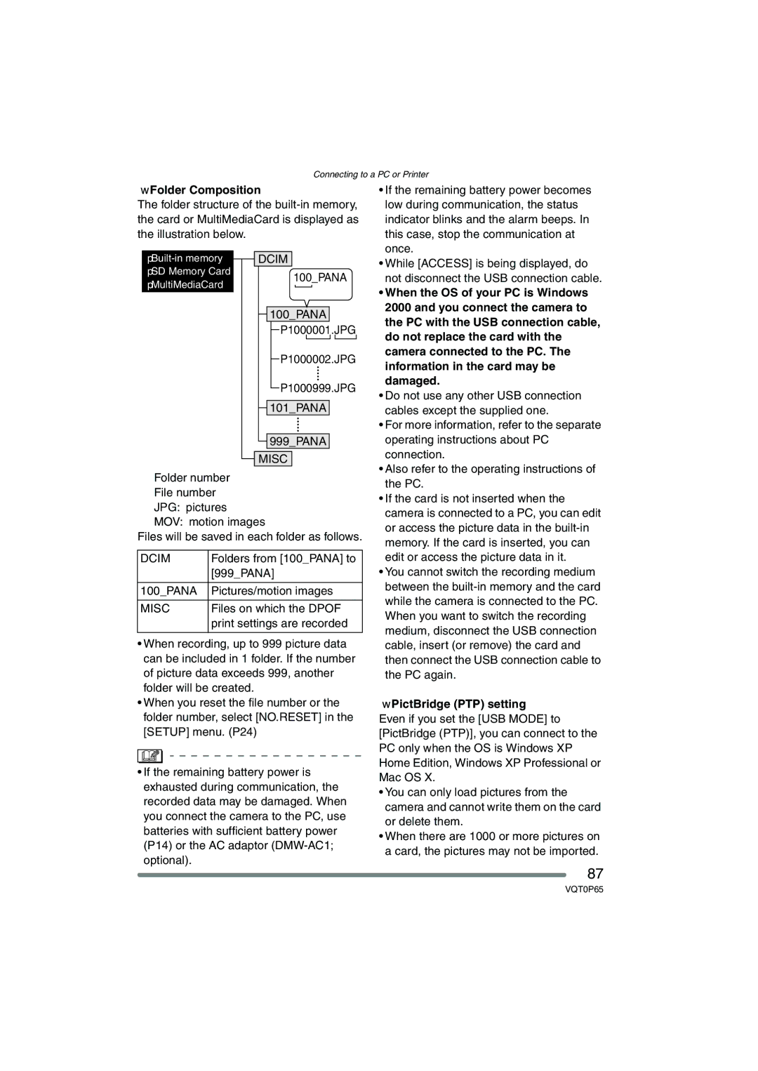 Panasonic DMC-LZ1PP, DMC-LZ2PP operating instructions Folder Composition, Dcim, Misc, PictBridge PTP setting 