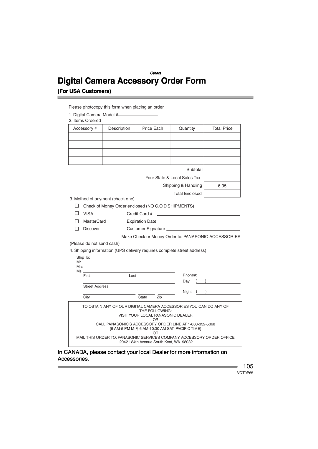Panasonic DMC-LZ1PP, DMC-LZ2PP operating instructions Digital Camera Accessory Order Form, For USA Customers 