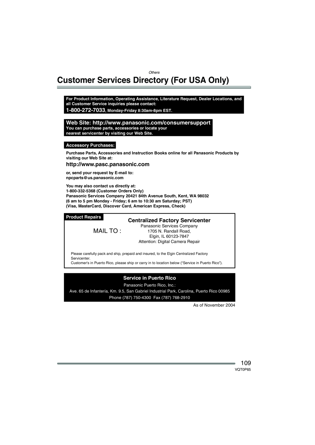 Panasonic DMC-LZ1PP Customer Services Directory For USA Only, Mail To, Centralized Factory Servicenter, Product Repairs 