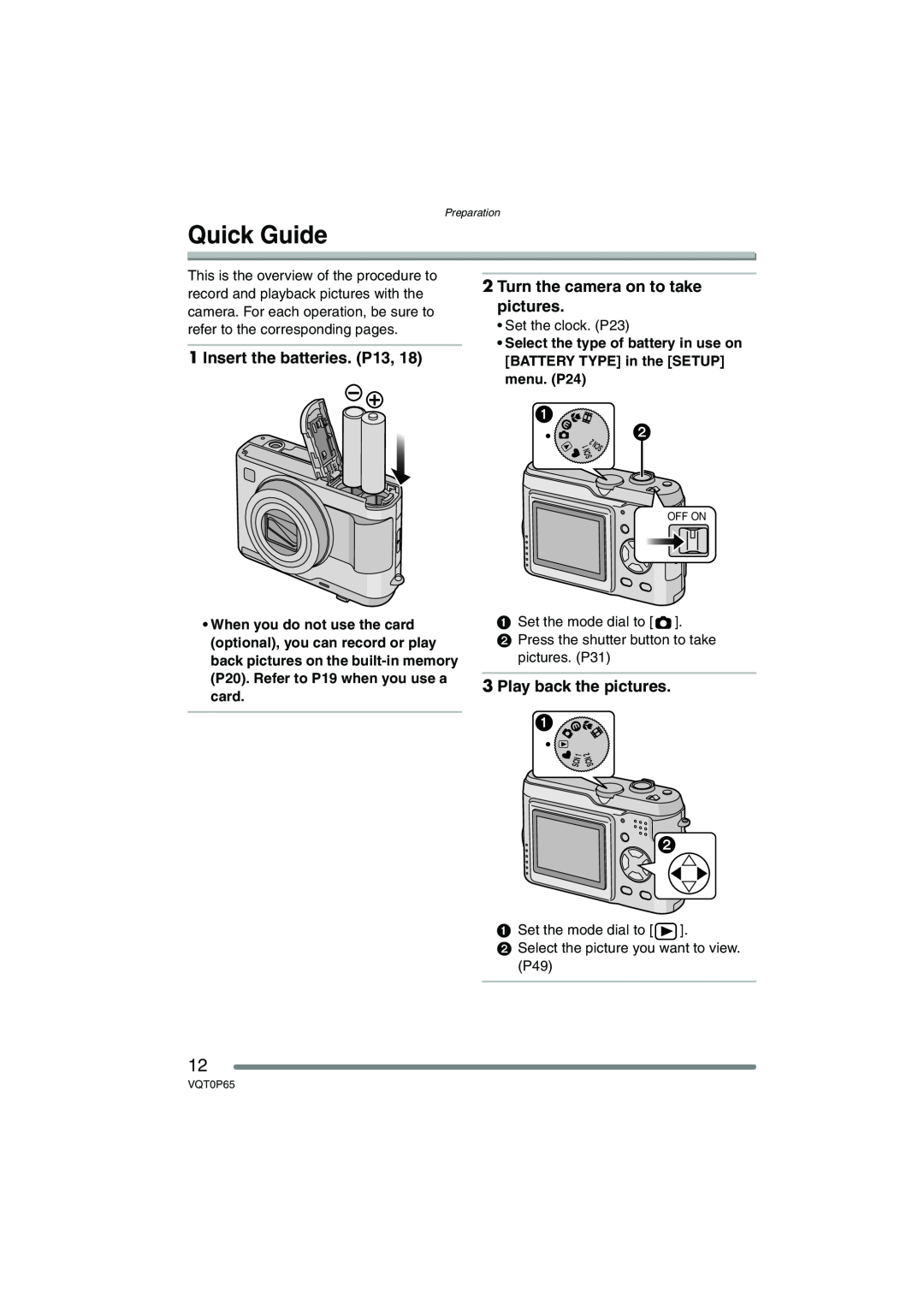 Panasonic DMC-LZ2PP Quick Guide, Insert the batteries. P13, Turn the camera on to take pictures, Play back the pictures 