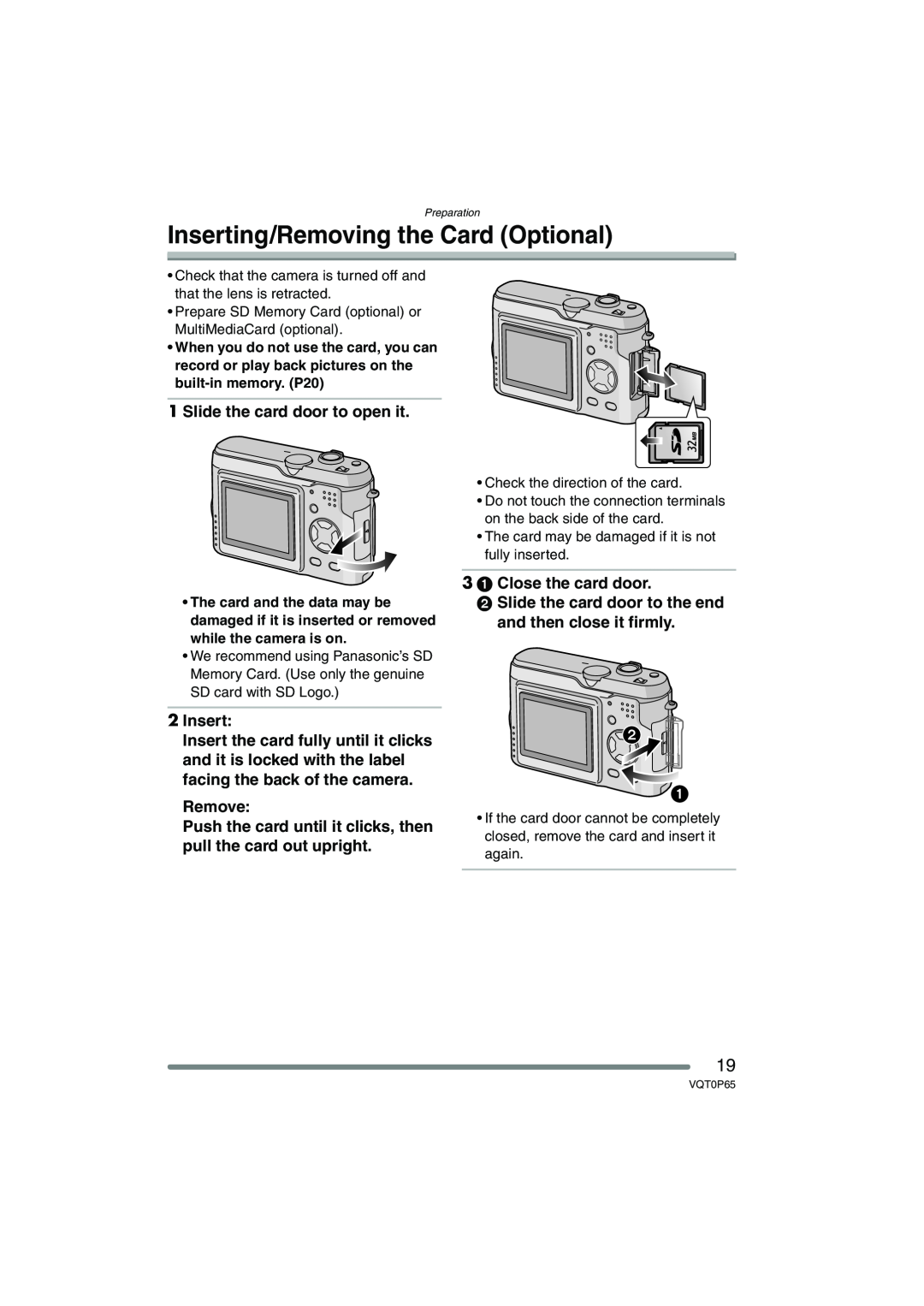 Panasonic DMC-LZ1PP Inserting/Removing the Card Optional, Slide the card door to open it, 3 1 Close the card door 