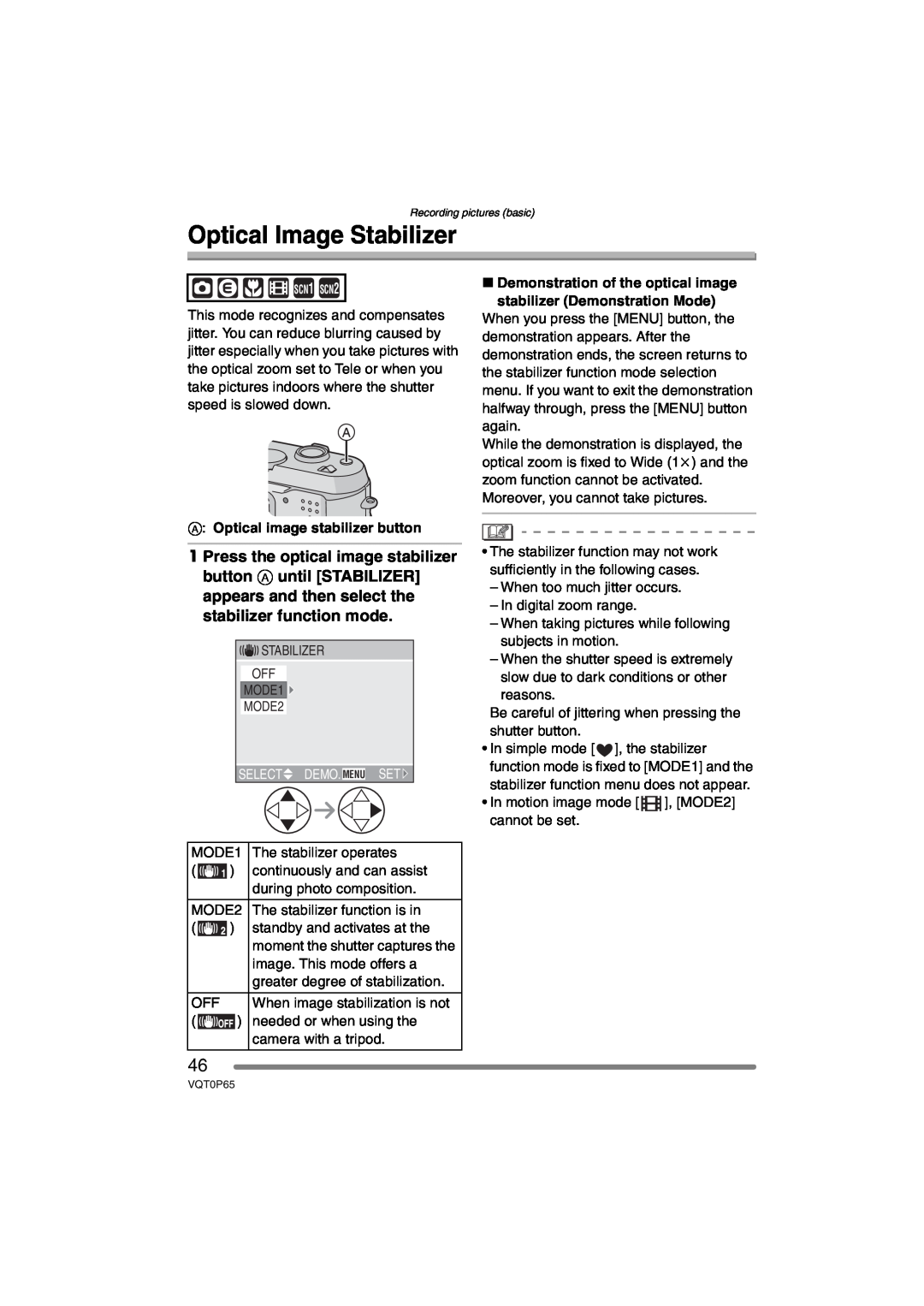 Panasonic DMC-LZ2PP, DMC-LZ1PP operating instructions Optical Image Stabilizer, A Optical image stabilizer button 
