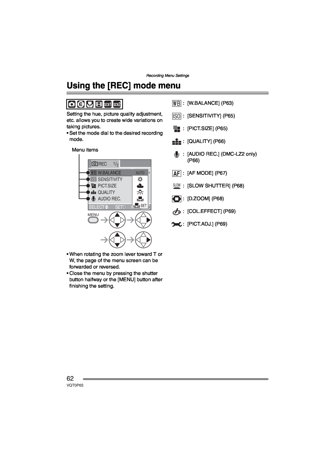Panasonic DMC-LZ2PP, DMC-LZ1PP operating instructions Using the REC mode menu, Recording Menu Settings 