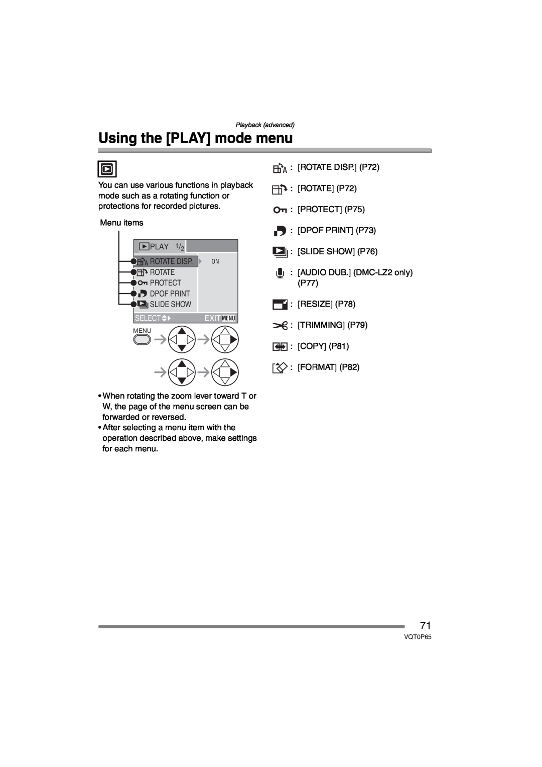 Panasonic DMC-LZ1PP, DMC-LZ2PP Using the PLAY mode menu, PLAY 1, Rotate, Protect, Dpof Print, Slide Show 