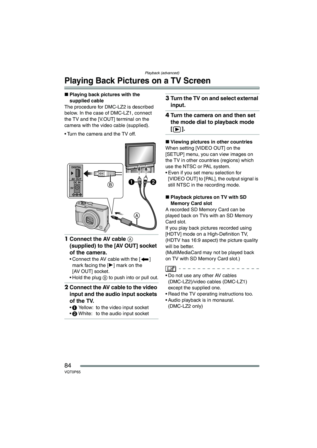 Panasonic DMC-LZ2PP, DMC-LZ1PP Playing Back Pictures on a TV Screen, Turn the TV on and select external input 