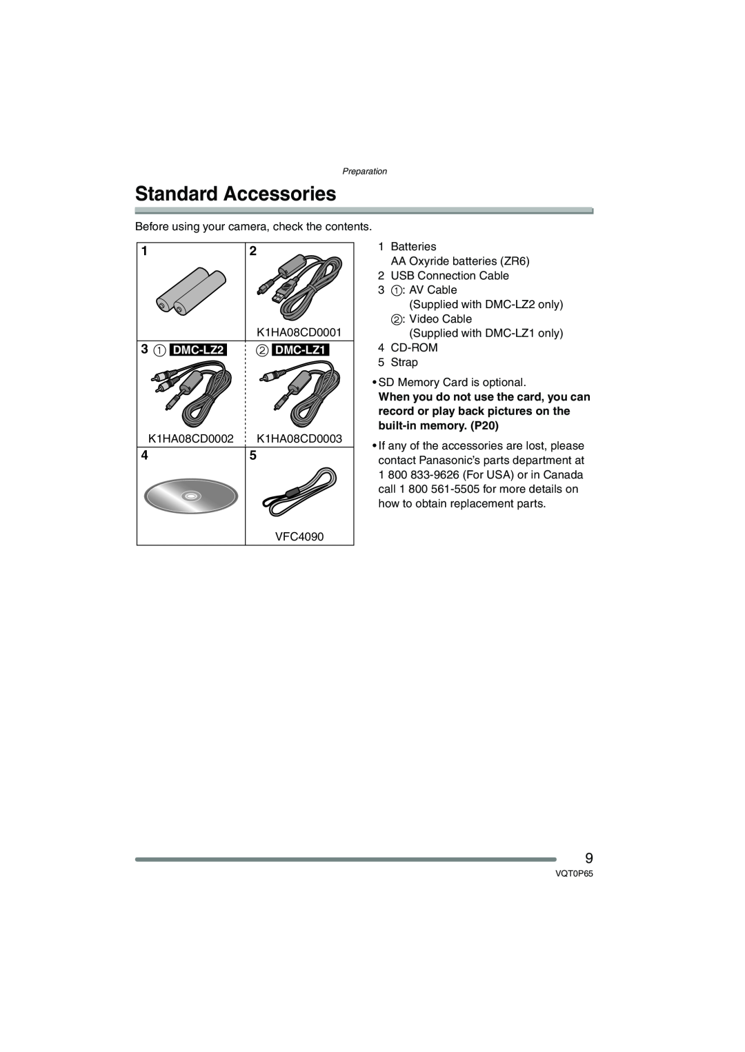 Panasonic DMC-LZ1PP, DMC-LZ2PP operating instructions Standard Accessories, 3 1 DMC-LZ2 2 DMC-LZ1 