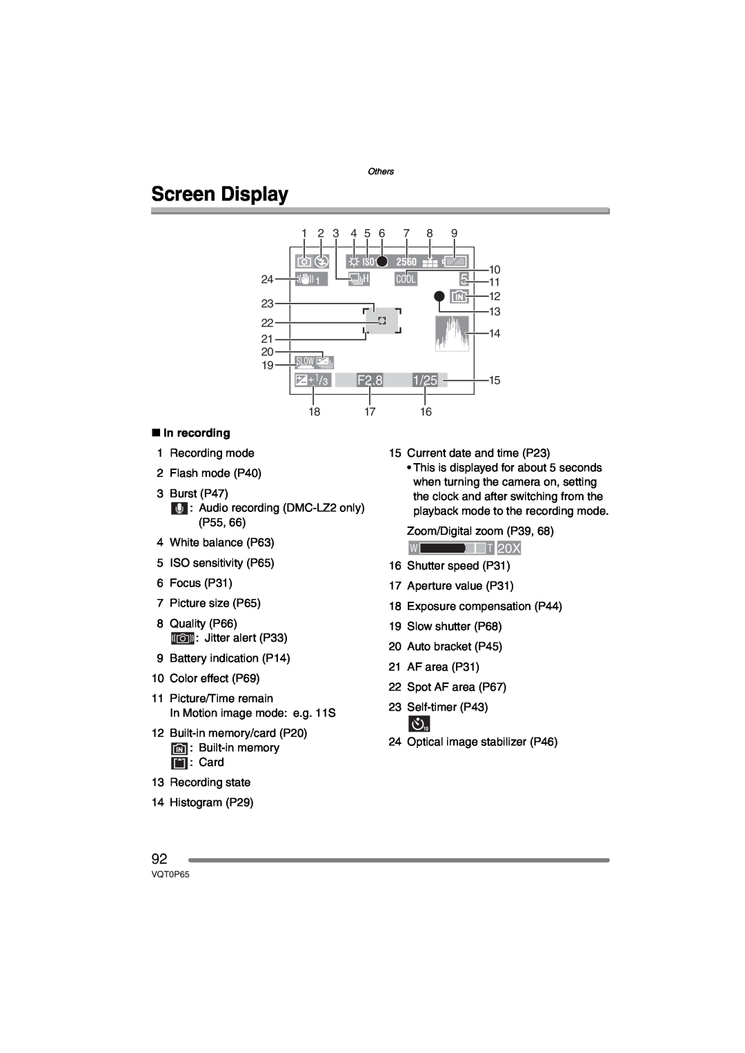 Panasonic DMC-LZ2PP, DMC-LZ1PP operating instructions Screen Display, F2.8 1/25, ∫ In recording 