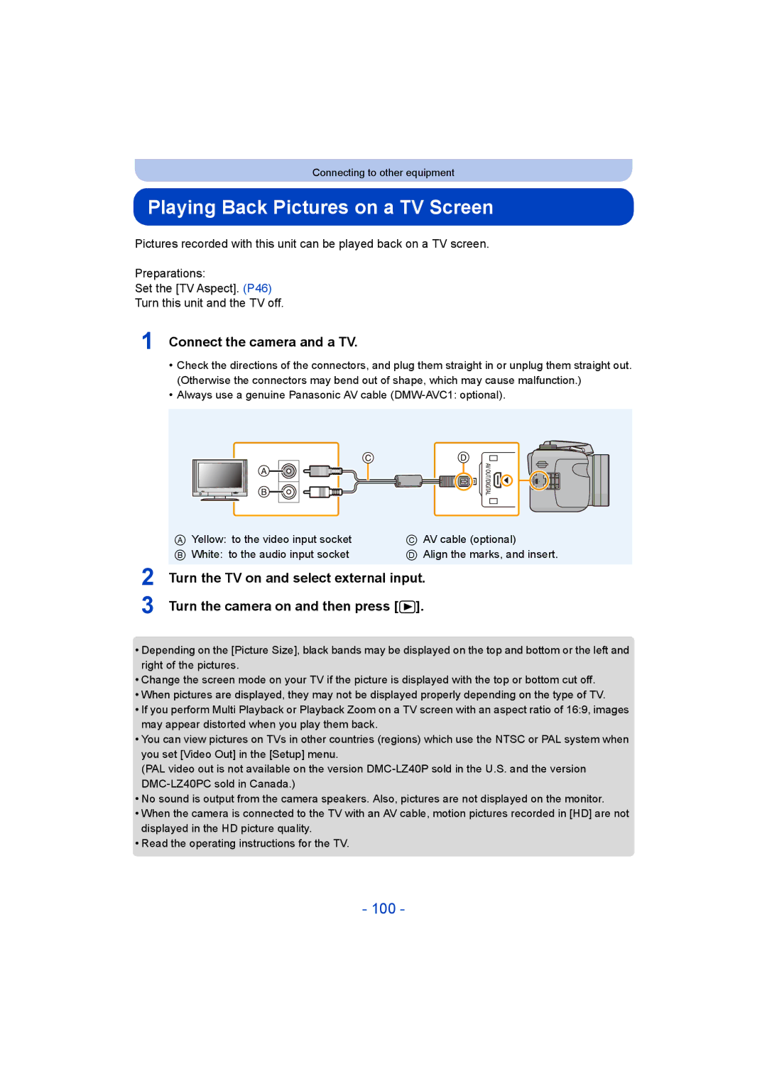 Panasonic DMC-LZ40 owner manual Playing Back Pictures on a TV Screen, 100, Connect the camera and a TV 