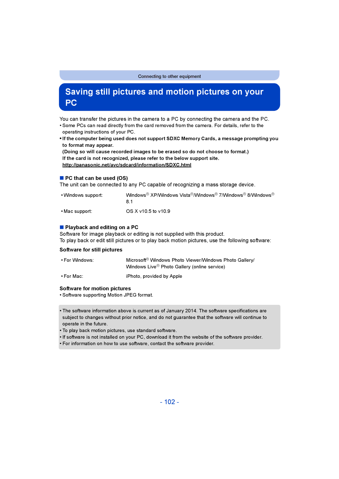 Panasonic DMC-LZ40 owner manual Saving still pictures and motion pictures on your, 102 