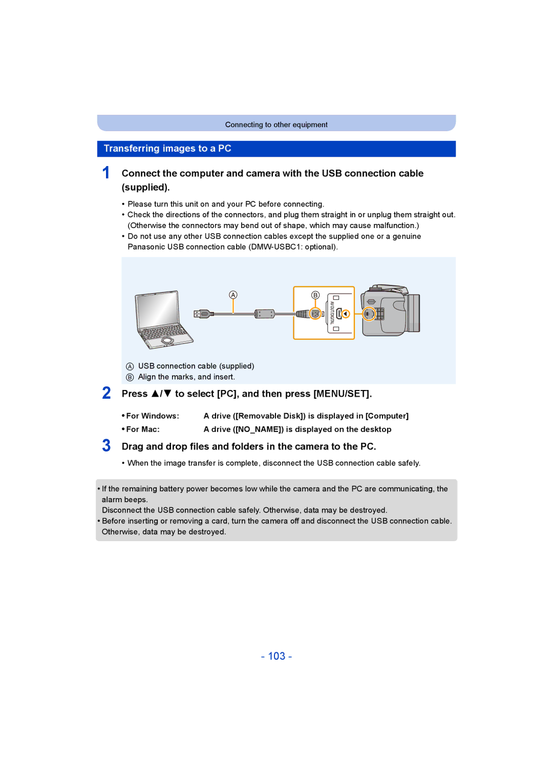 Panasonic DMC-LZ40 owner manual 103, Transferring images to a PC, Press 3/ 4 to select PC, and then press MENU/SET 