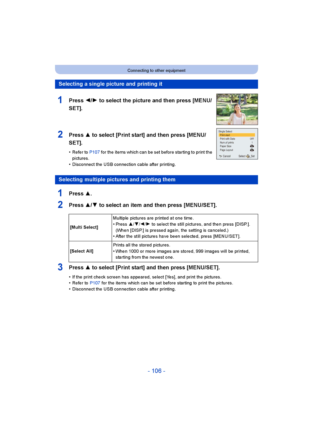 Panasonic DMC-LZ40 106, Selecting a single picture and printing it, Selecting multiple pictures and printing them 