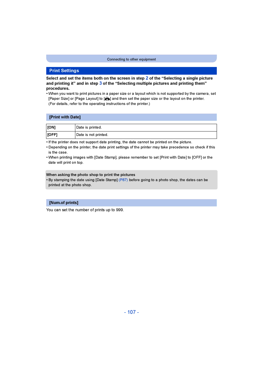 Panasonic DMC-LZ40 owner manual 107, Print Settings, Print with Date, Num.of prints, You can set the number of prints up to 