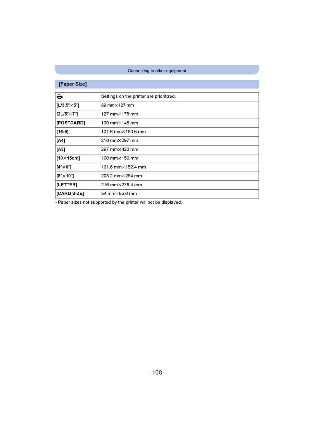 Panasonic DMC-LZ40 owner manual 108, Paper Size 