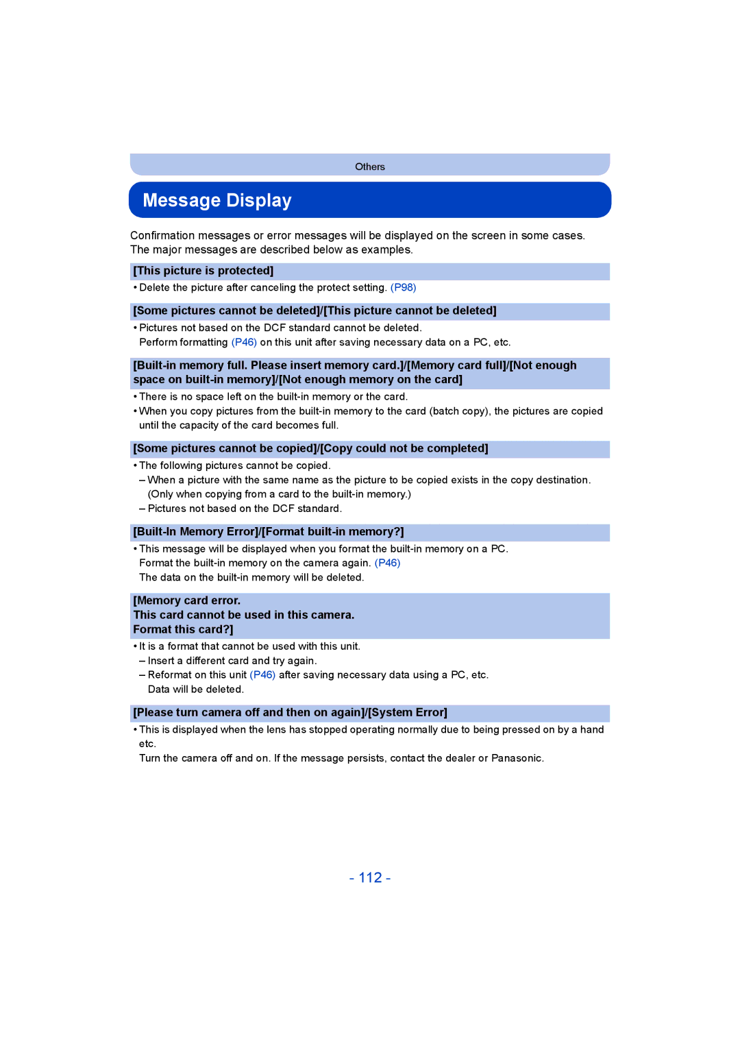 Panasonic DMC-LZ40 owner manual Message Display, 112 