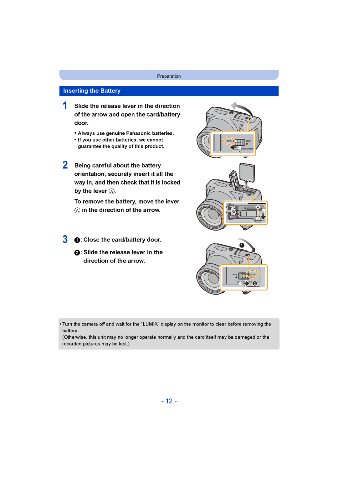 Panasonic DMC-LZ40 owner manual Inserting the Battery 