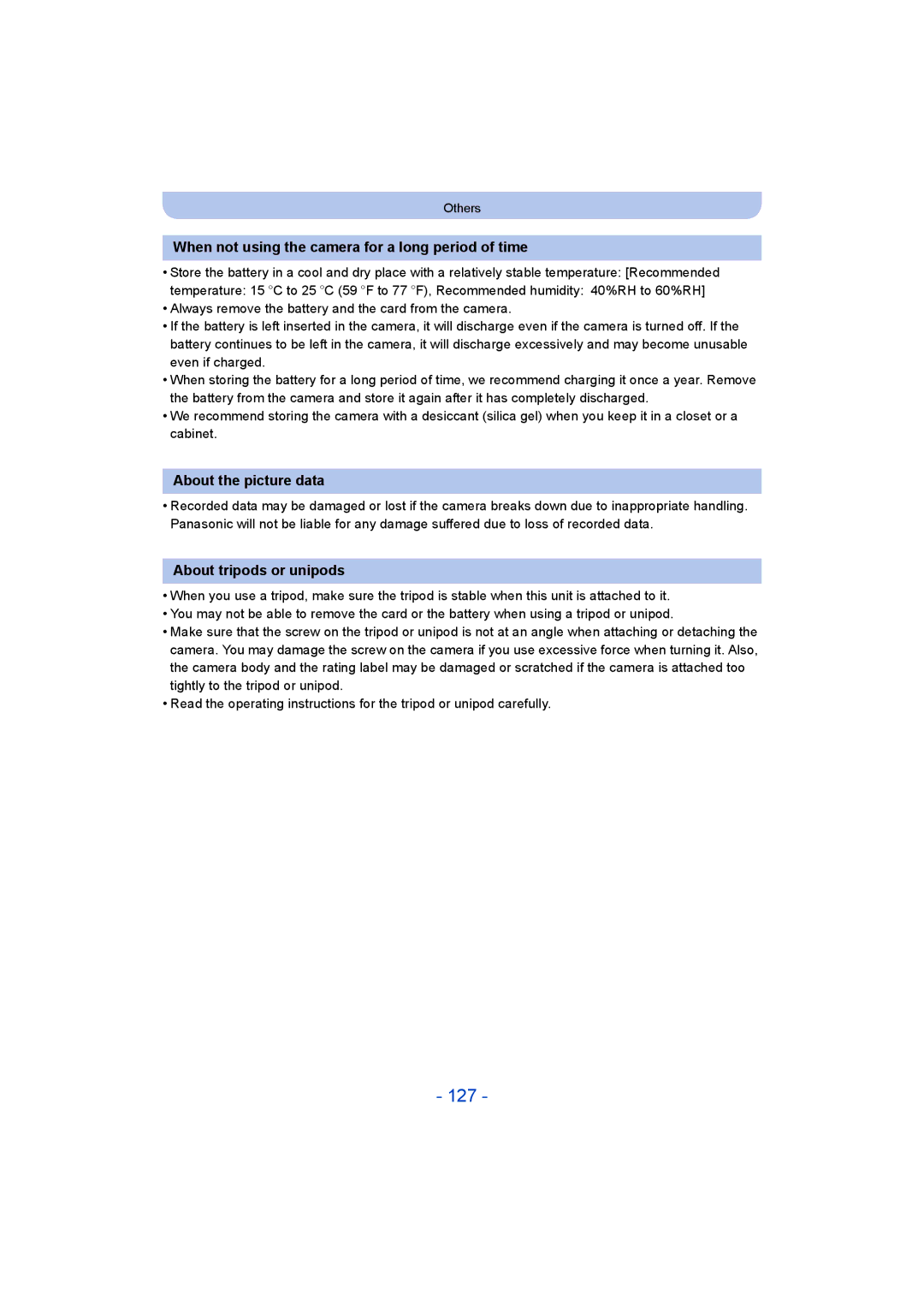 Panasonic DMC-LZ40 owner manual 127, When not using the camera for a long period of time, About the picture data 