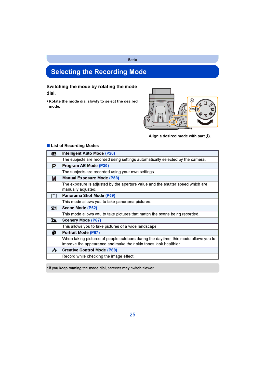 Panasonic DMC-LZ40 owner manual Selecting the Recording Mode, Switching the mode by rotating the mode dial 