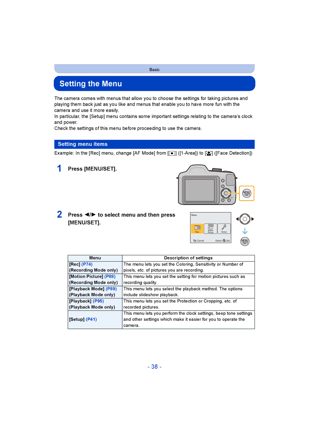 Panasonic DMC-LZ40 owner manual Setting the Menu, Setting menu items 