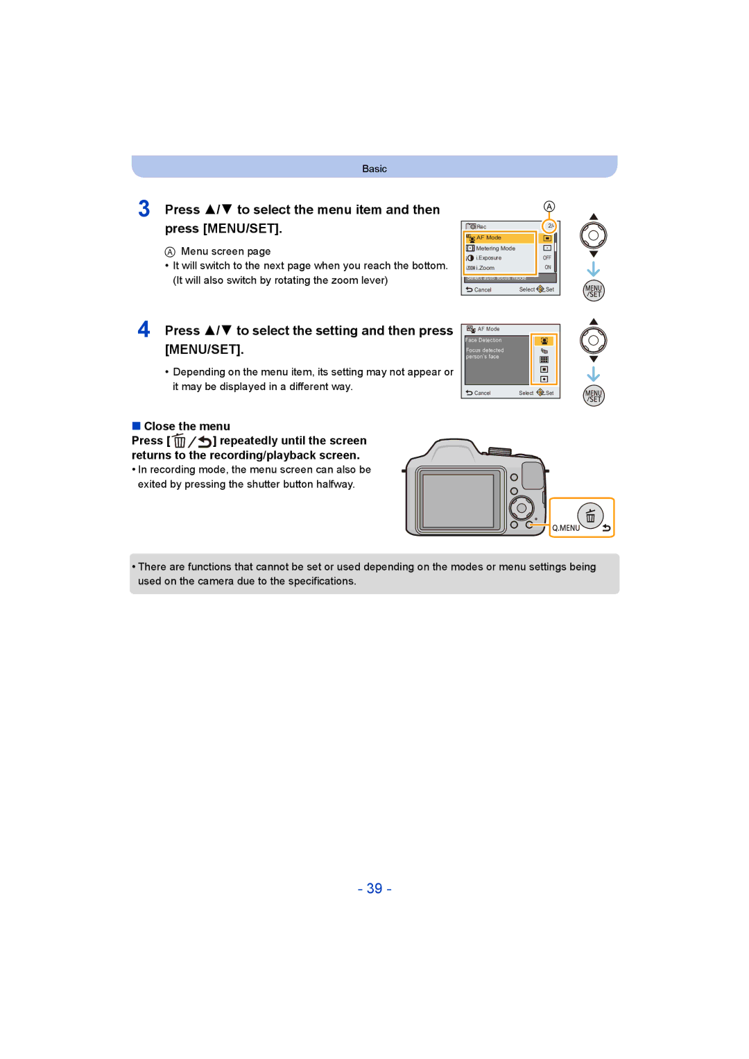 Panasonic DMC-LZ40 owner manual Press 3/4 to select the menu item and then press MENU/SET, Close the menu 