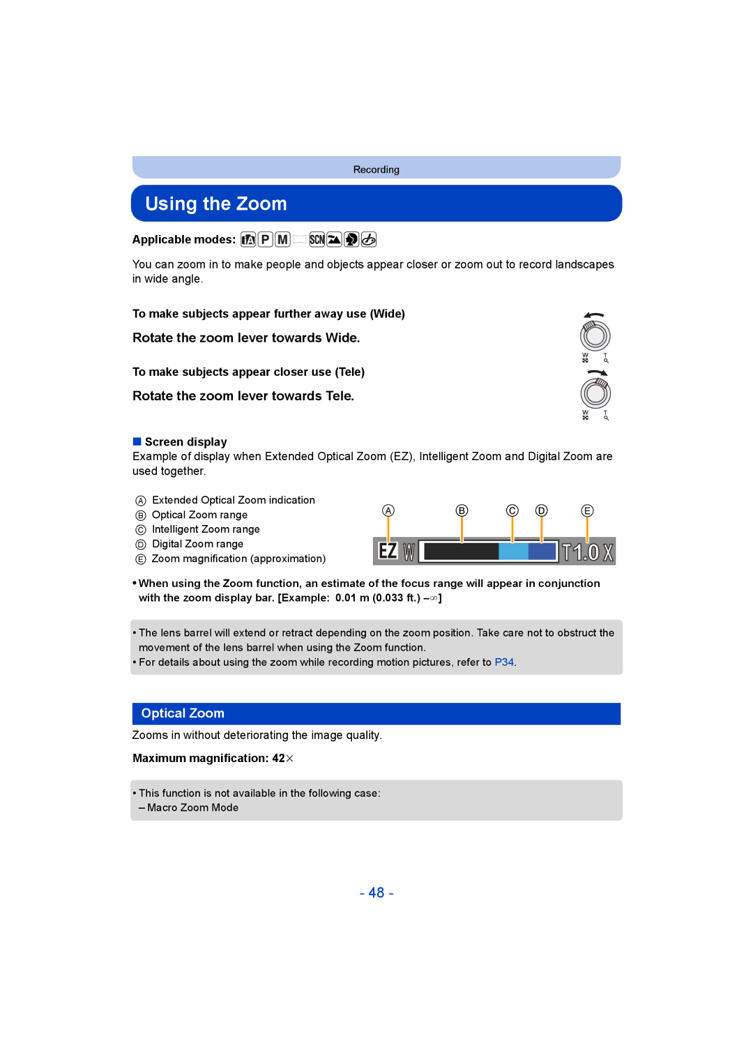 Panasonic DMC-LZ40 Using the Zoom, Rotate the zoom lever towards Wide, Rotate the zoom lever towards Tele, Optical Zoom 