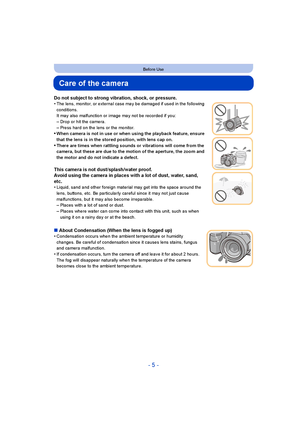 Panasonic DMC-LZ40 owner manual Care of the camera, Do not subject to strong vibration, shock, or pressure 