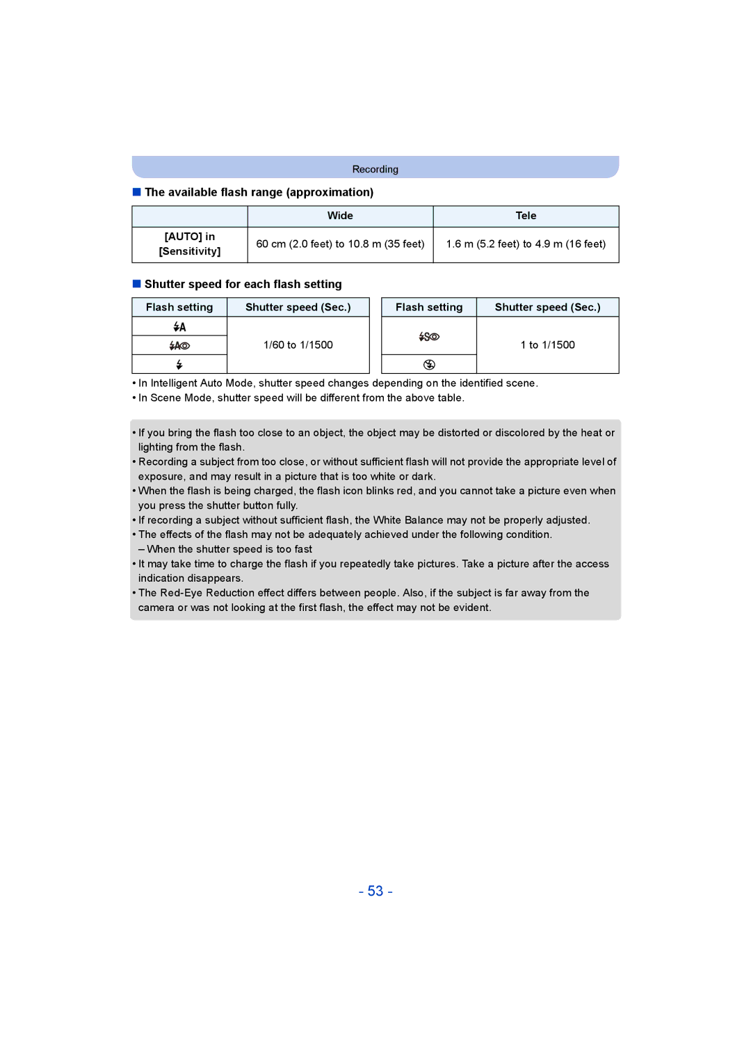 Panasonic DMC-LZ40 owner manual Available flash range approximation, Shutter speed for each flash setting, Wide Tele Auto 