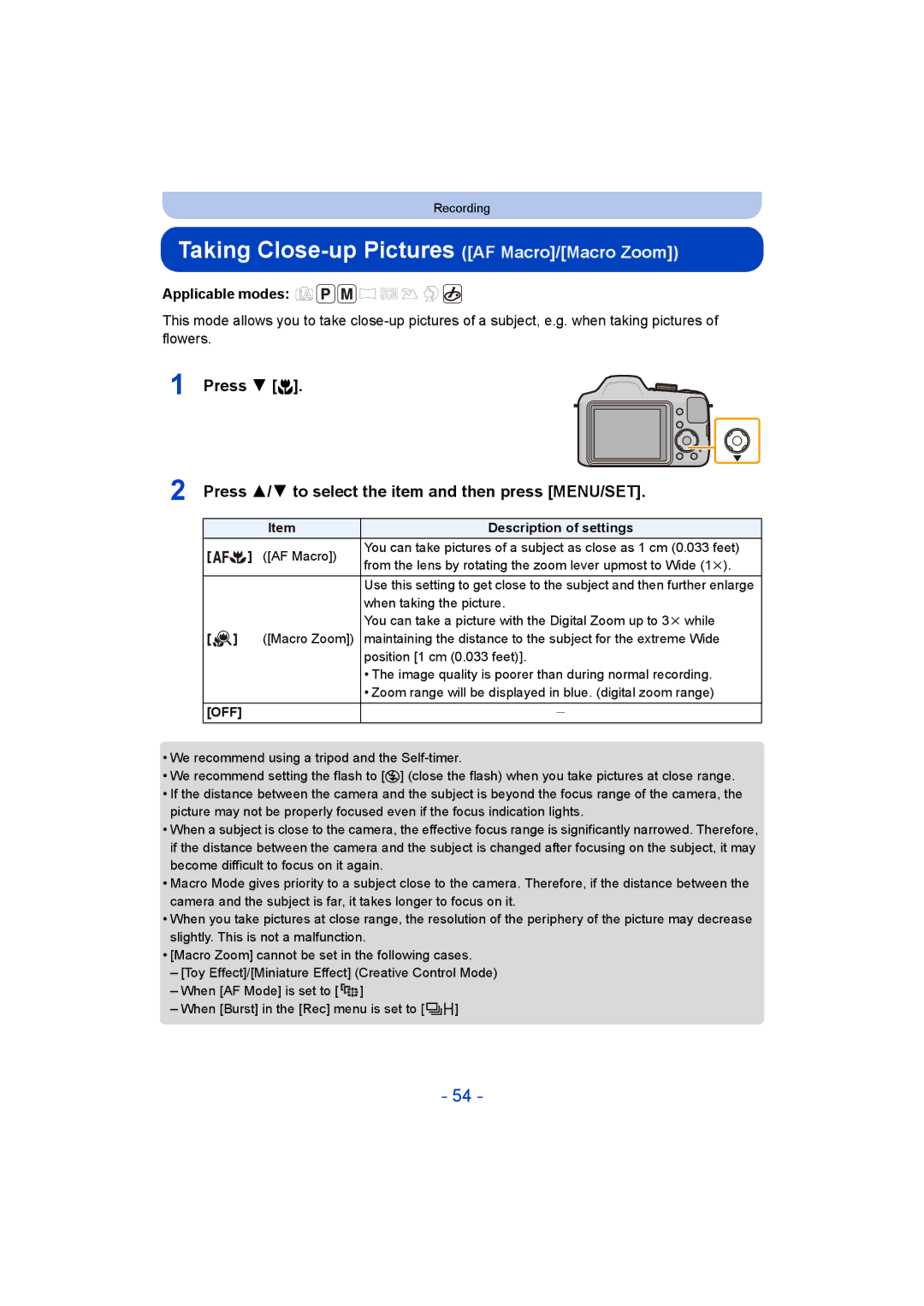 Panasonic DMC-LZ40 owner manual Taking Close-up Pictures AF Macro/Macro Zoom, Off 