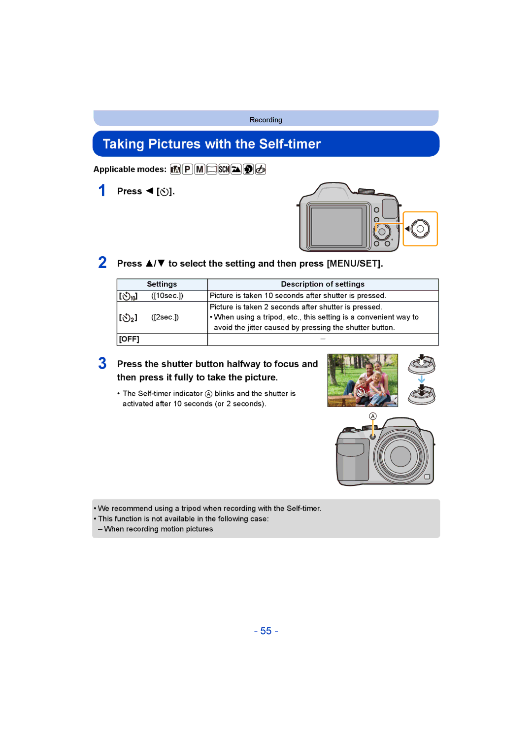 Panasonic DMC-LZ40 owner manual Taking Pictures with the Self-timer, Then press it fully to take the picture, Settings 