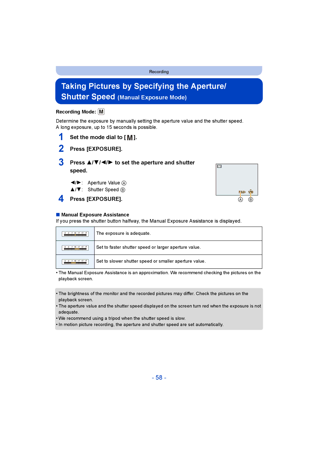 Panasonic DMC-LZ40 owner manual Taking Pictures by Specifying the Aperture/ Shutter Speed, Aperture Value a Shutter Speed B 