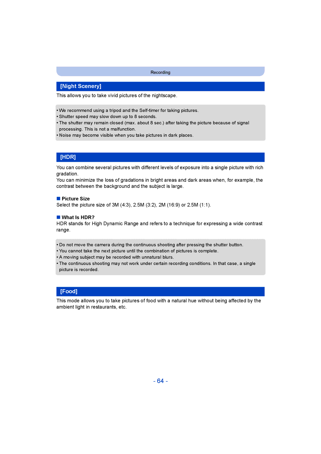 Panasonic DMC-LZ40 owner manual Night Scenery, Food, Picture Size, What Is HDR? 