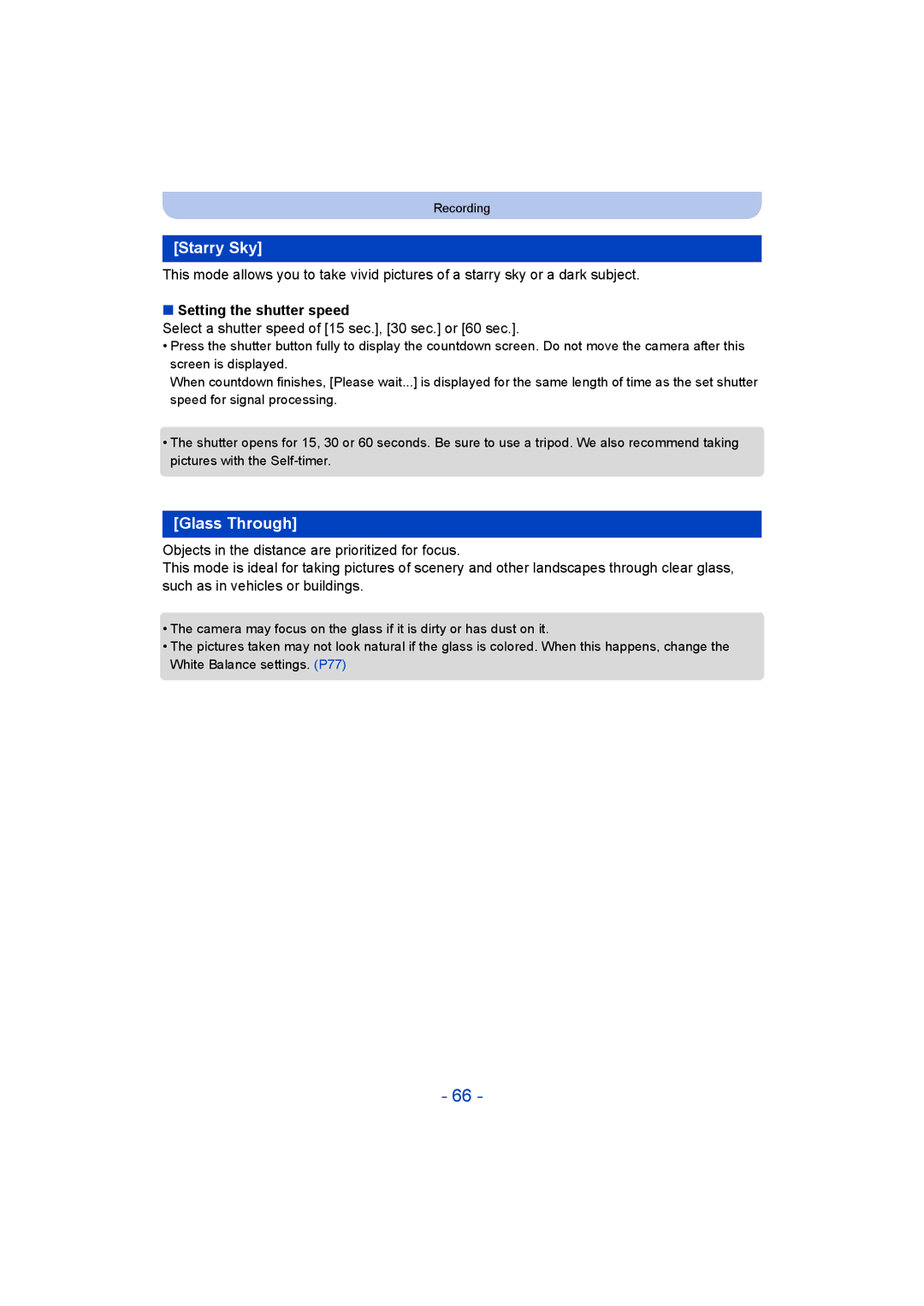 Panasonic DMC-LZ40 owner manual Starry Sky, Glass Through, Setting the shutter speed 