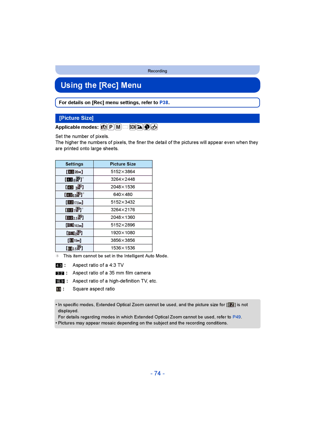 Panasonic DMC-LZ40 owner manual Using the Rec Menu, Picture Size, For details on Rec menu settings, refer to P38 