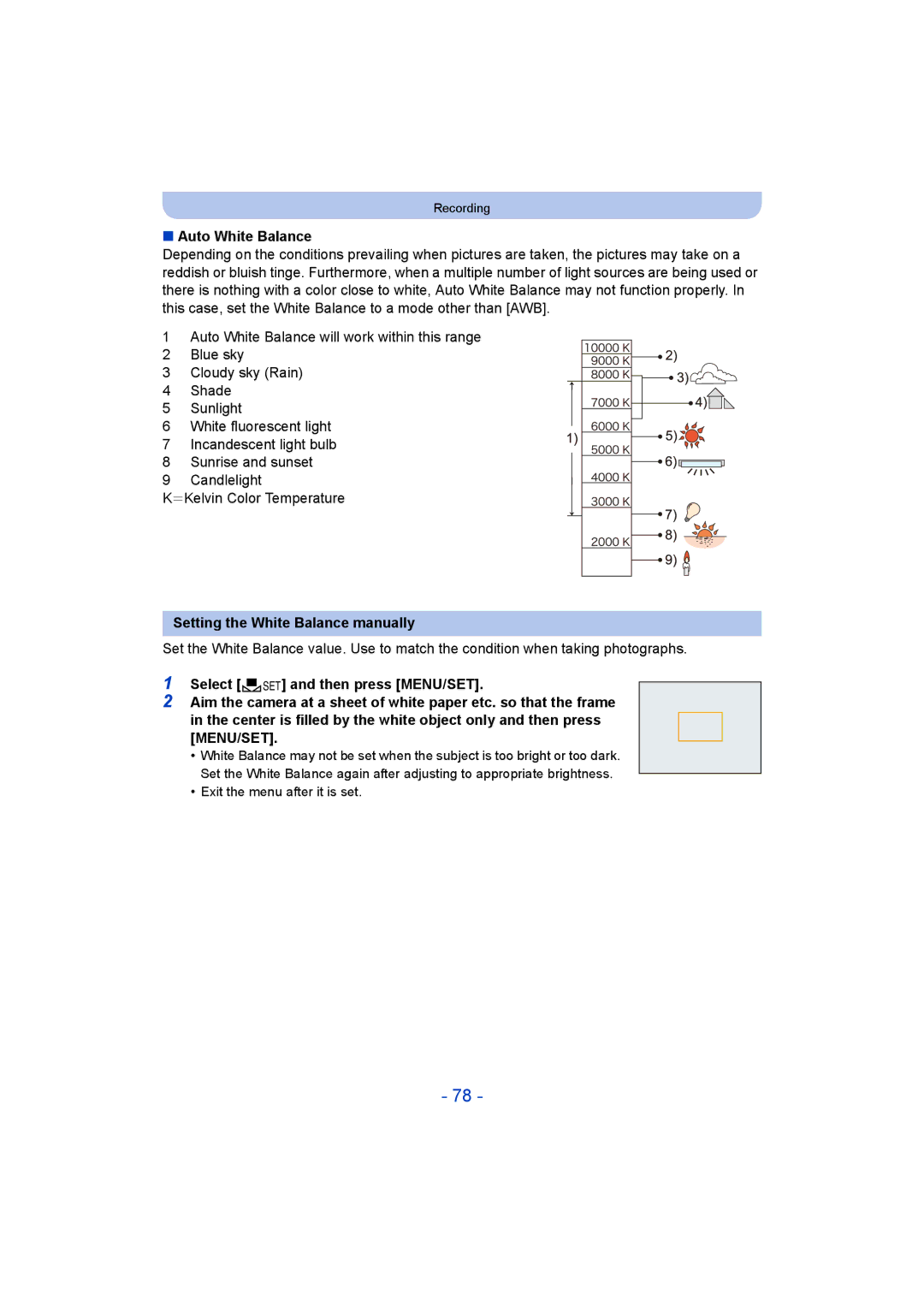 Panasonic DMC-LZ40 owner manual Auto White Balance, Setting the White Balance manually 