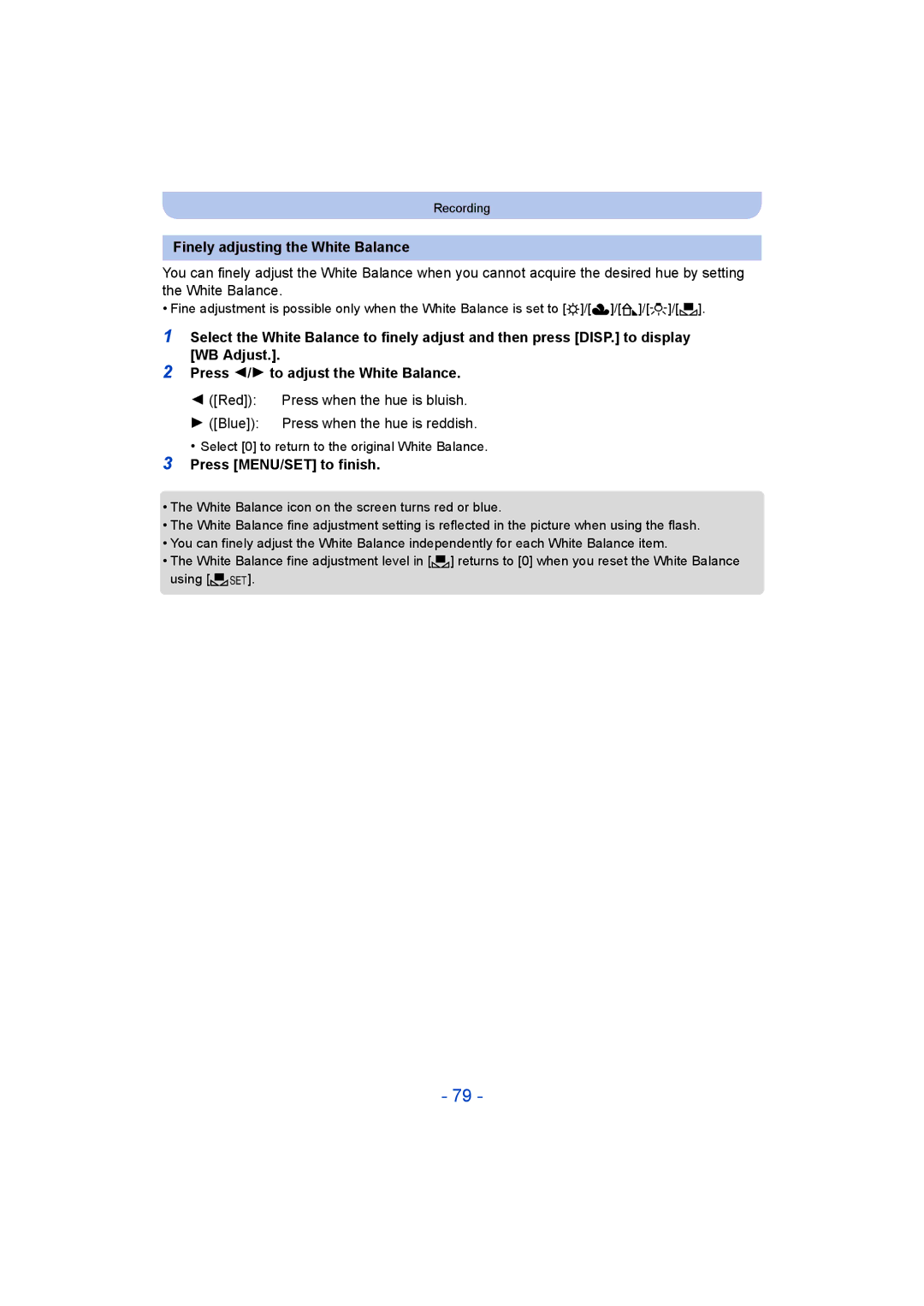 Panasonic DMC-LZ40 owner manual Finely adjusting the White Balance, Press MENU/SET to finish 