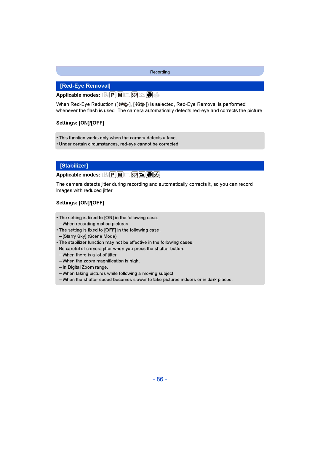 Panasonic DMC-LZ40 owner manual Red-Eye Removal, Stabilizer 