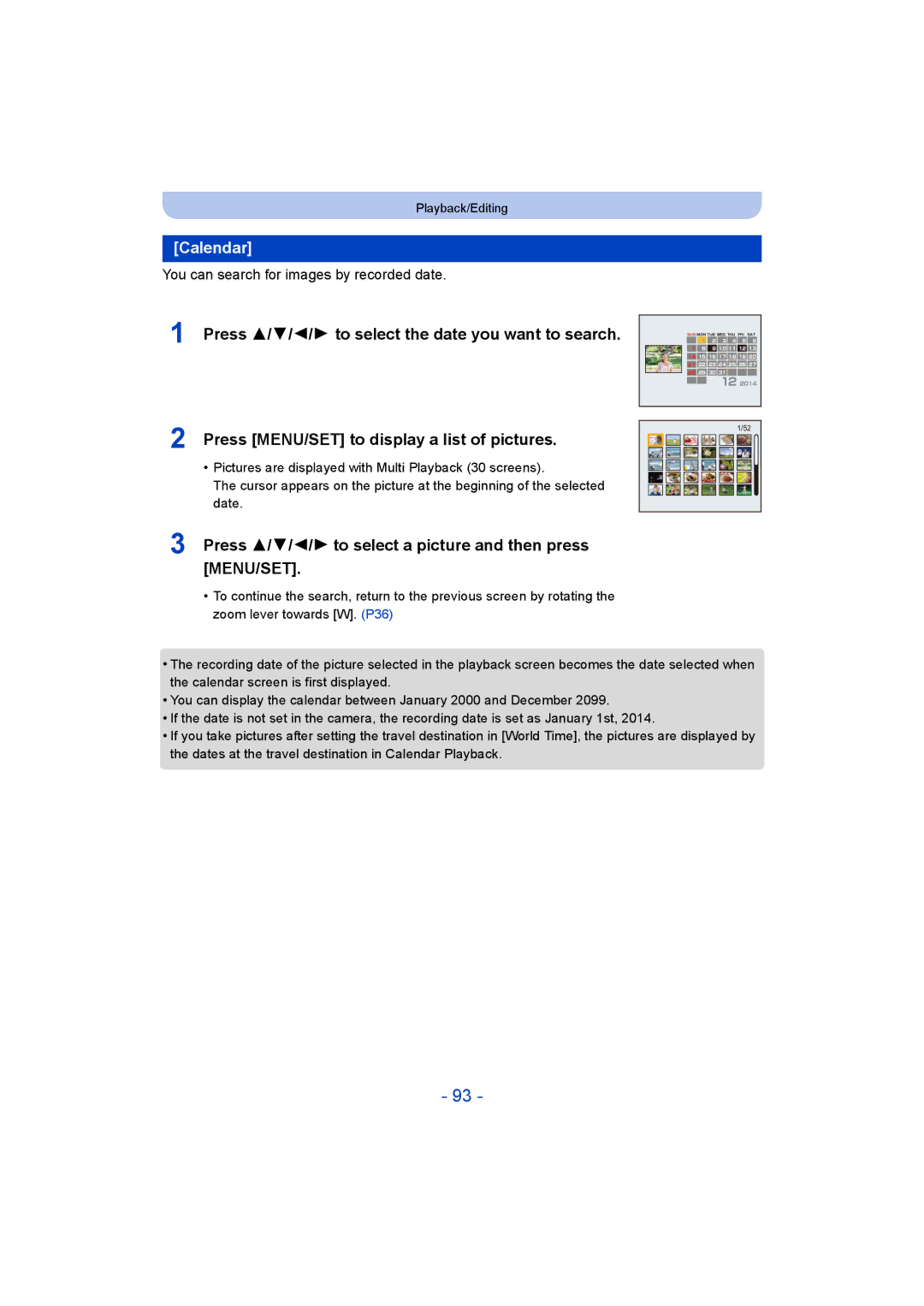 Panasonic DMC-LZ40 owner manual Calendar, Press 3/4/2/1 to select the date you want to search 