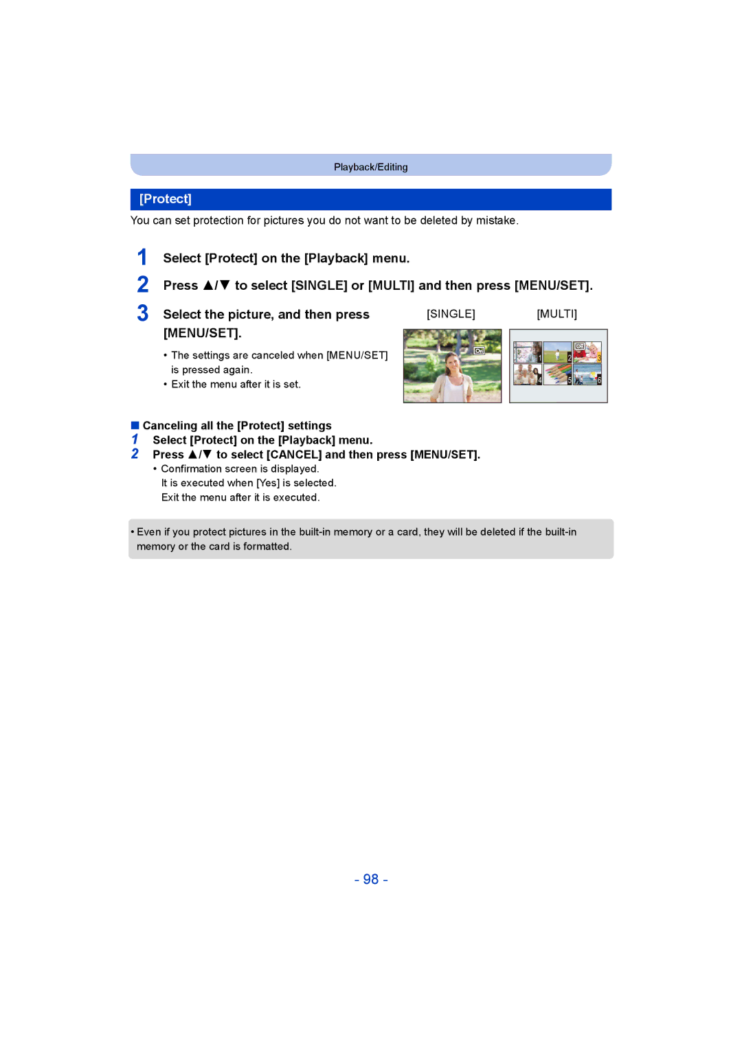 Panasonic DMC-LZ40 owner manual Protect, Menu/Set 