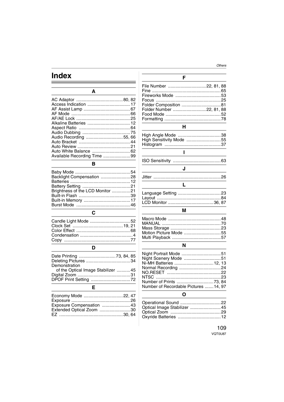 Panasonic DMC-LZ3, DMC-LZ5, DMCLZ5S, DMCLZ3S, DMCLZ5K, DMC-LZ4 operating instructions Index 