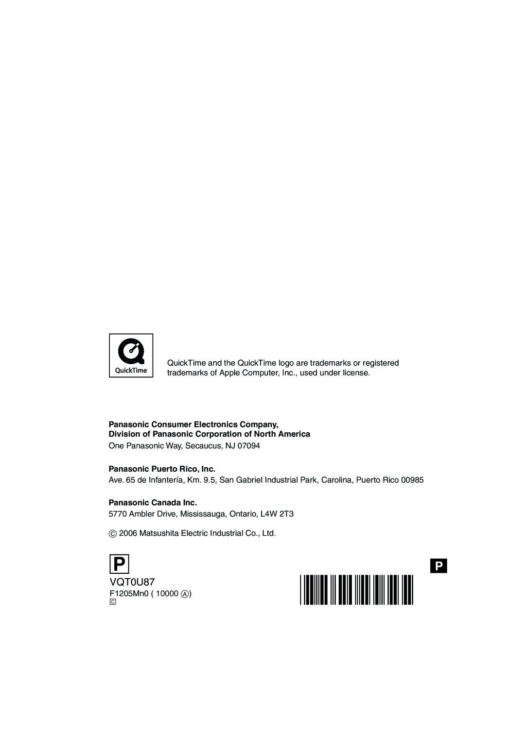 Panasonic DMCLZ5K One Panasonic Way, Secaucus, NJ, Panasonic Puerto Rico, Inc, Panasonic Canada Inc, F1205Mn0 10000 a 