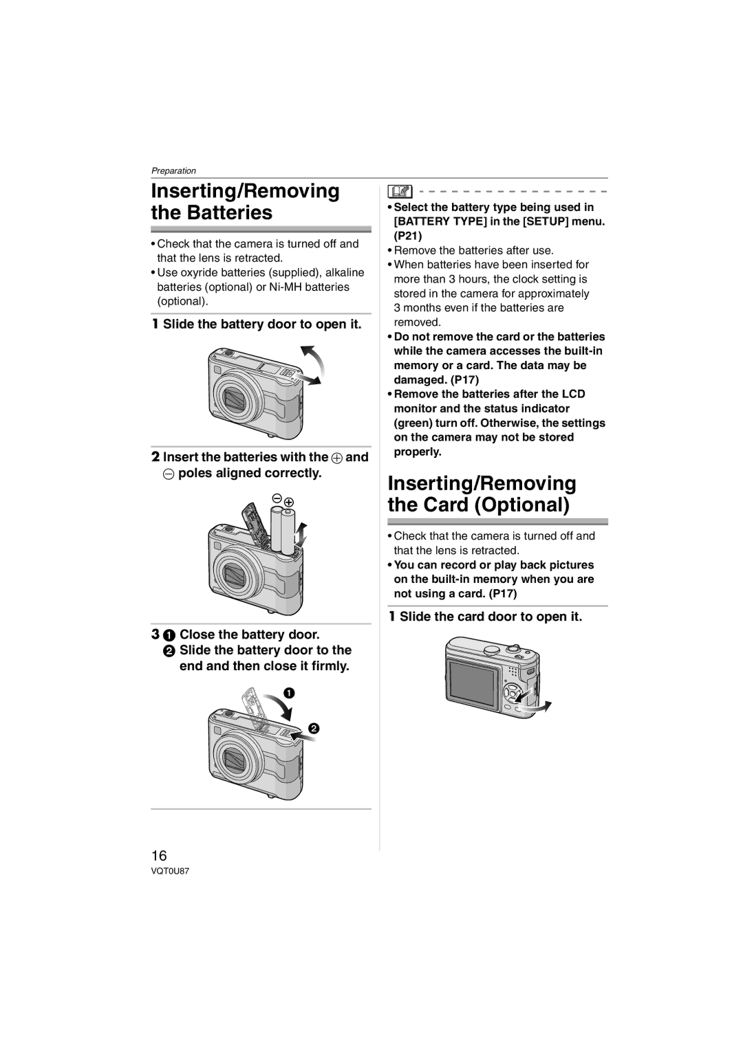 Panasonic DMCLZ5K, DMC-LZ5, DMC-LZ3, DMCLZ5S, DMCLZ3S Inserting/Removing the Card Optional, Slide the card door to open it 