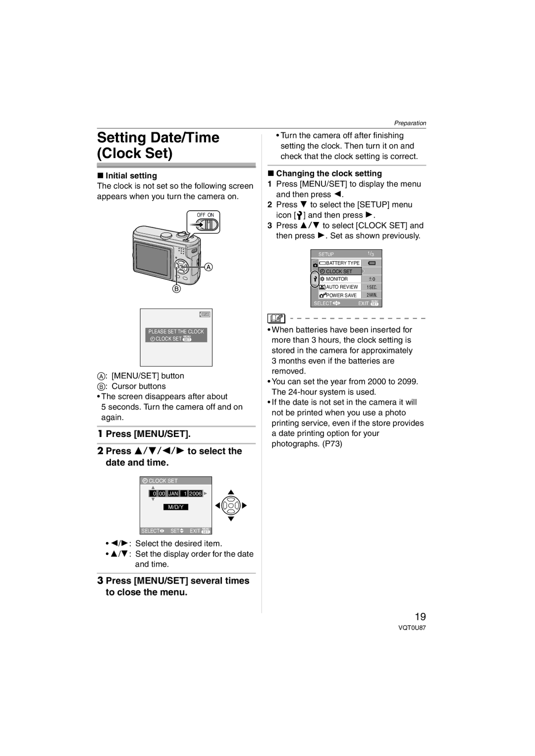 Panasonic DMC-LZ3 Press MENU/SET Press 3/4/2/1 to select the date and time, Press MENU/SET several times to close the menu 