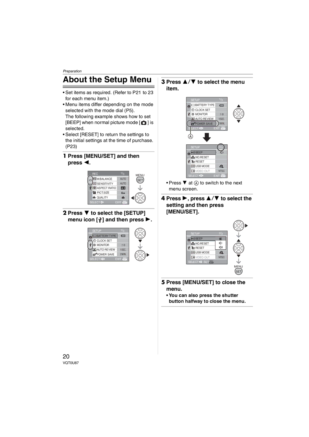 Panasonic DMCLZ5S, DMC-LZ5, DMC-LZ3 About the Setup Menu, Press MENU/SET and then press, Press 3/4 to select the menu item 