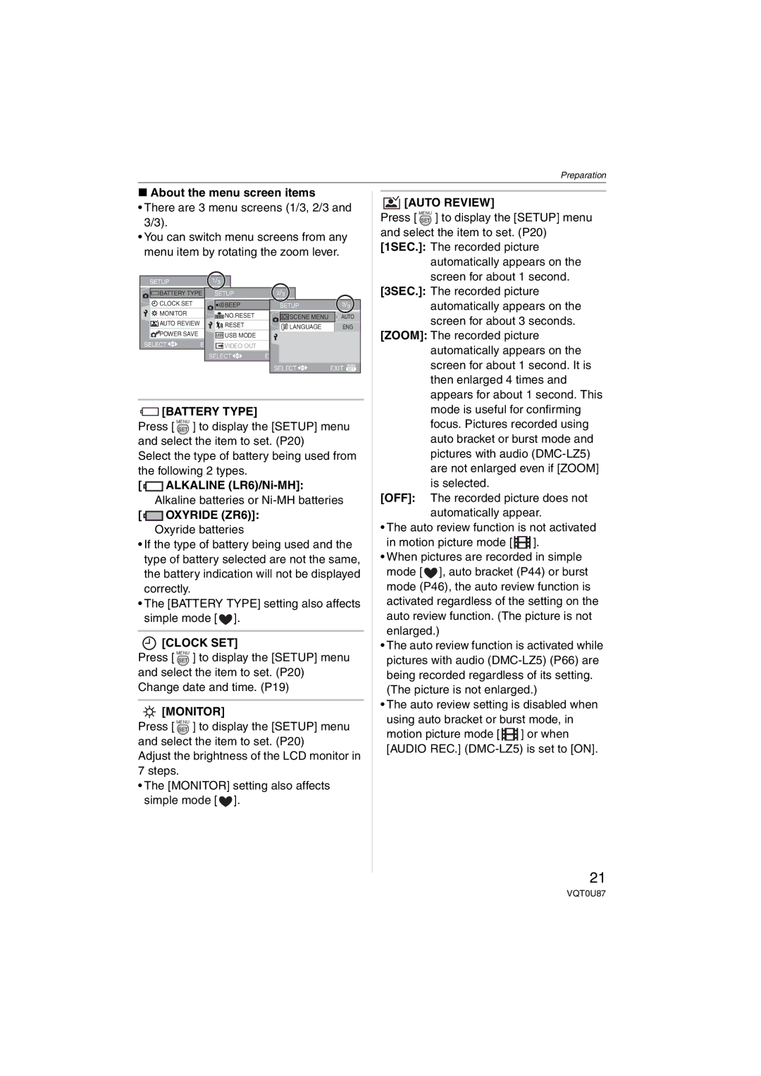 Panasonic DMCLZ3S, DMC-LZ5, DMC-LZ3, DMCLZ5S, DMCLZ5K, DMC-LZ4 Battery Type, Oxyride ZR6, Clock SET, Monitor, Auto Review 