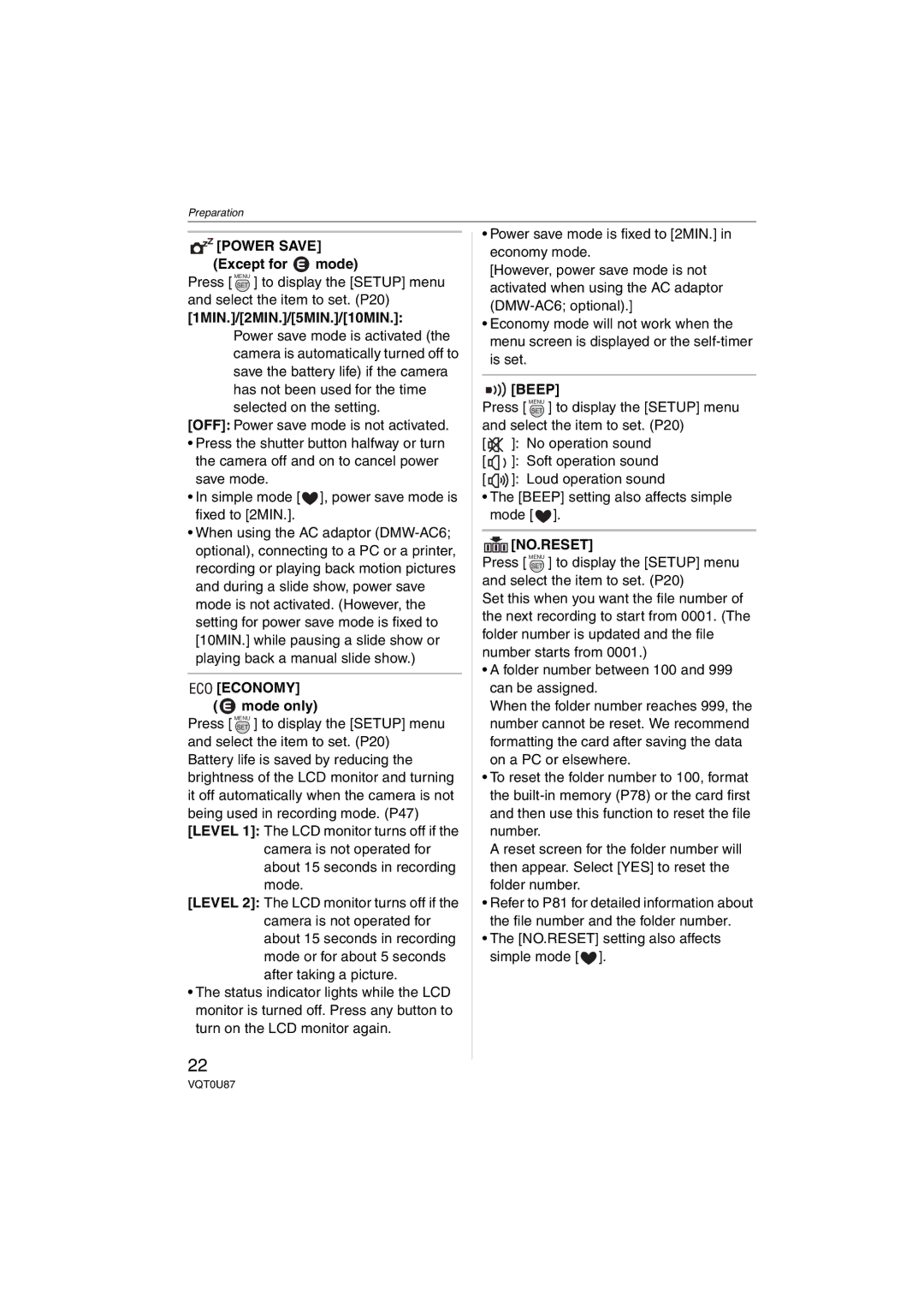 Panasonic DMCLZ5K, DMC-LZ5, DMC-LZ3, DMCLZ5S, DMCLZ3S, DMC-LZ4 operating instructions Economy, No.Reset 