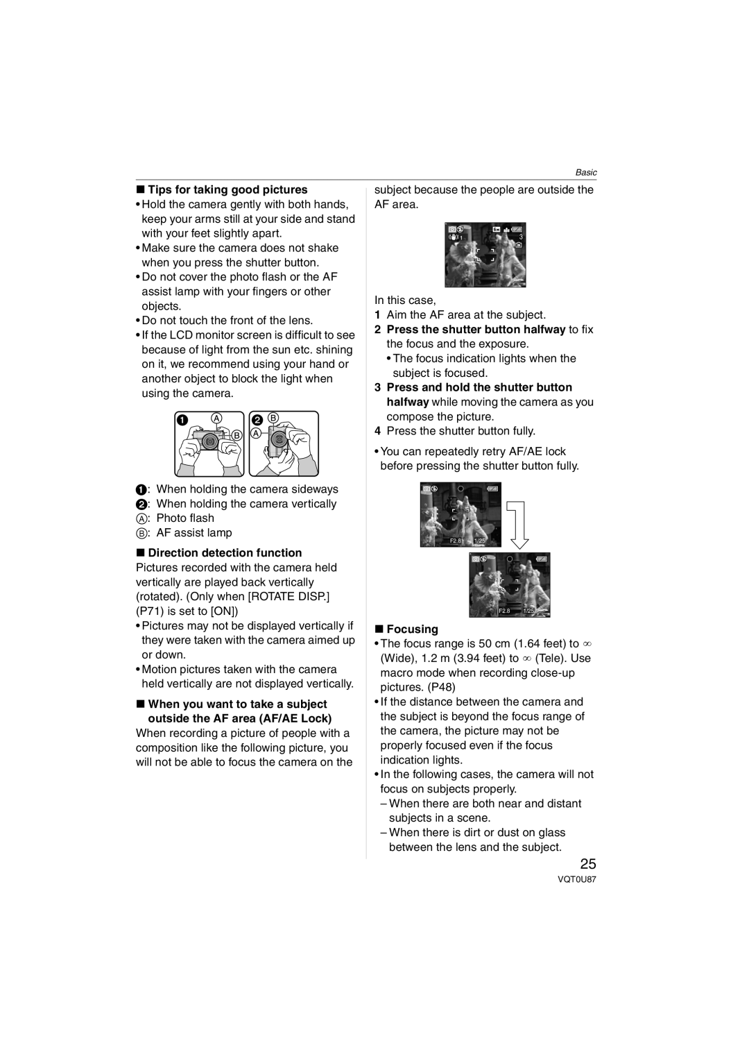 Panasonic DMC-LZ3, DMC-LZ5 Tips for taking good pictures, Focus indication lights when the subject is focused, Focusing 