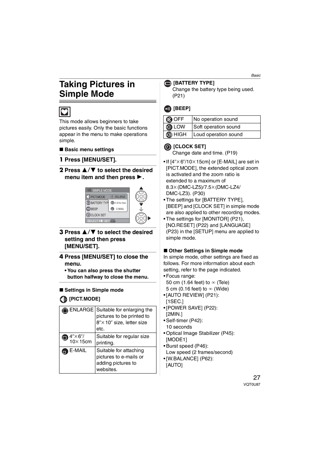 Panasonic DMCLZ3S, DMC-LZ5, DMC-LZ3 Taking Pictures in Simple Mode, Basic menu settings, Settings in Simple mode, Pict.Mode 