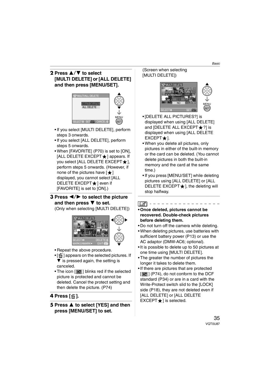 Panasonic DMC-LZ4, DMC-LZ5 Press 2/1 to select the picture and then press 4 to set, Only when selecting Multi Delete 