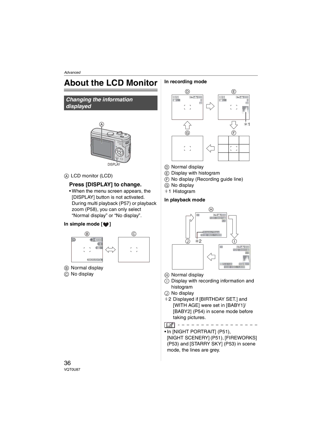 Panasonic DMC-LZ5, DMC-LZ3 About the LCD Monitor, Press Display to change, Recording mode, Simple mode, Playback mode 