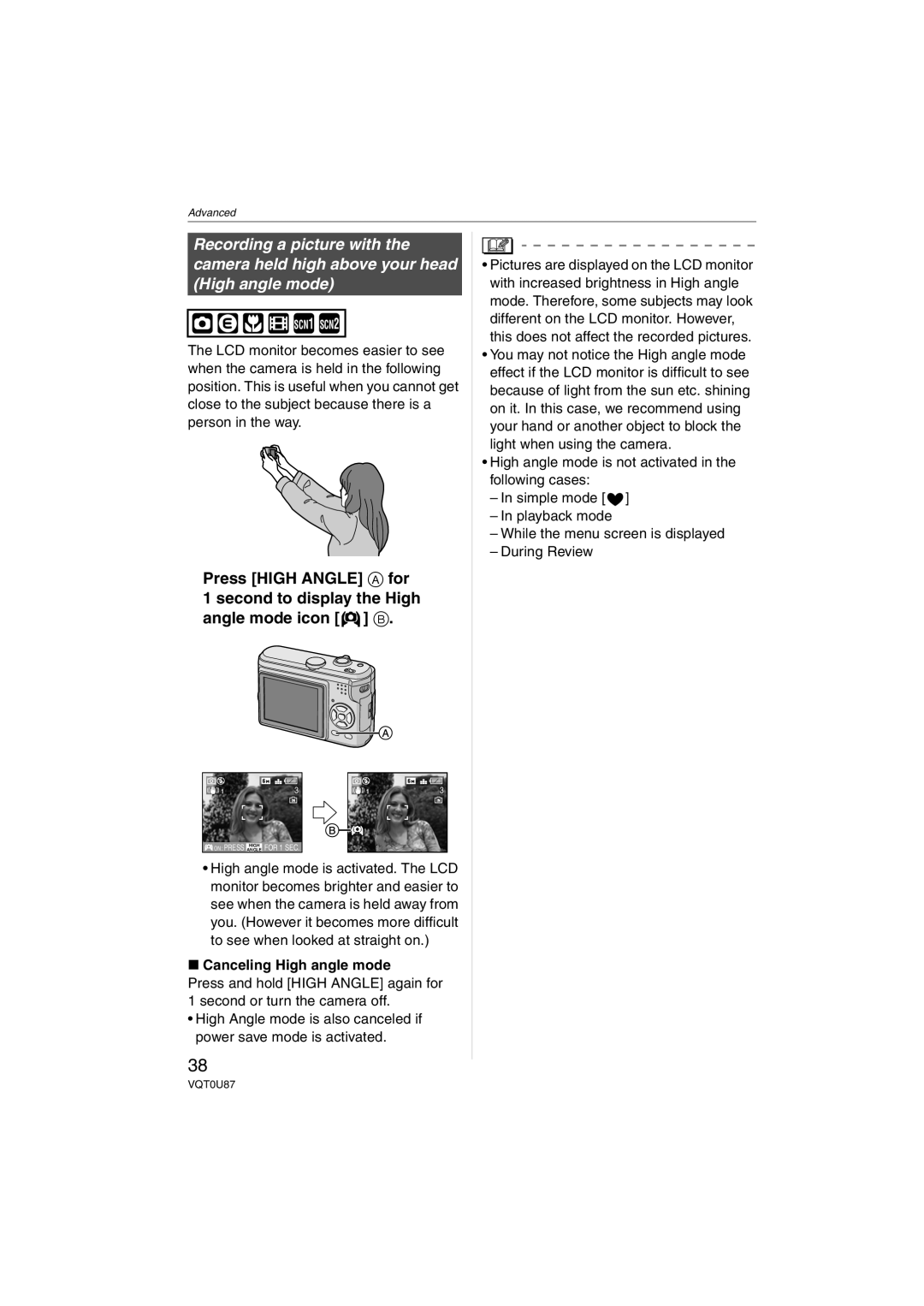 Panasonic DMCLZ5S, DMC-LZ5, DMC-LZ3, DMCLZ3S, DMCLZ5K, DMC-LZ4 operating instructions Canceling High angle mode 