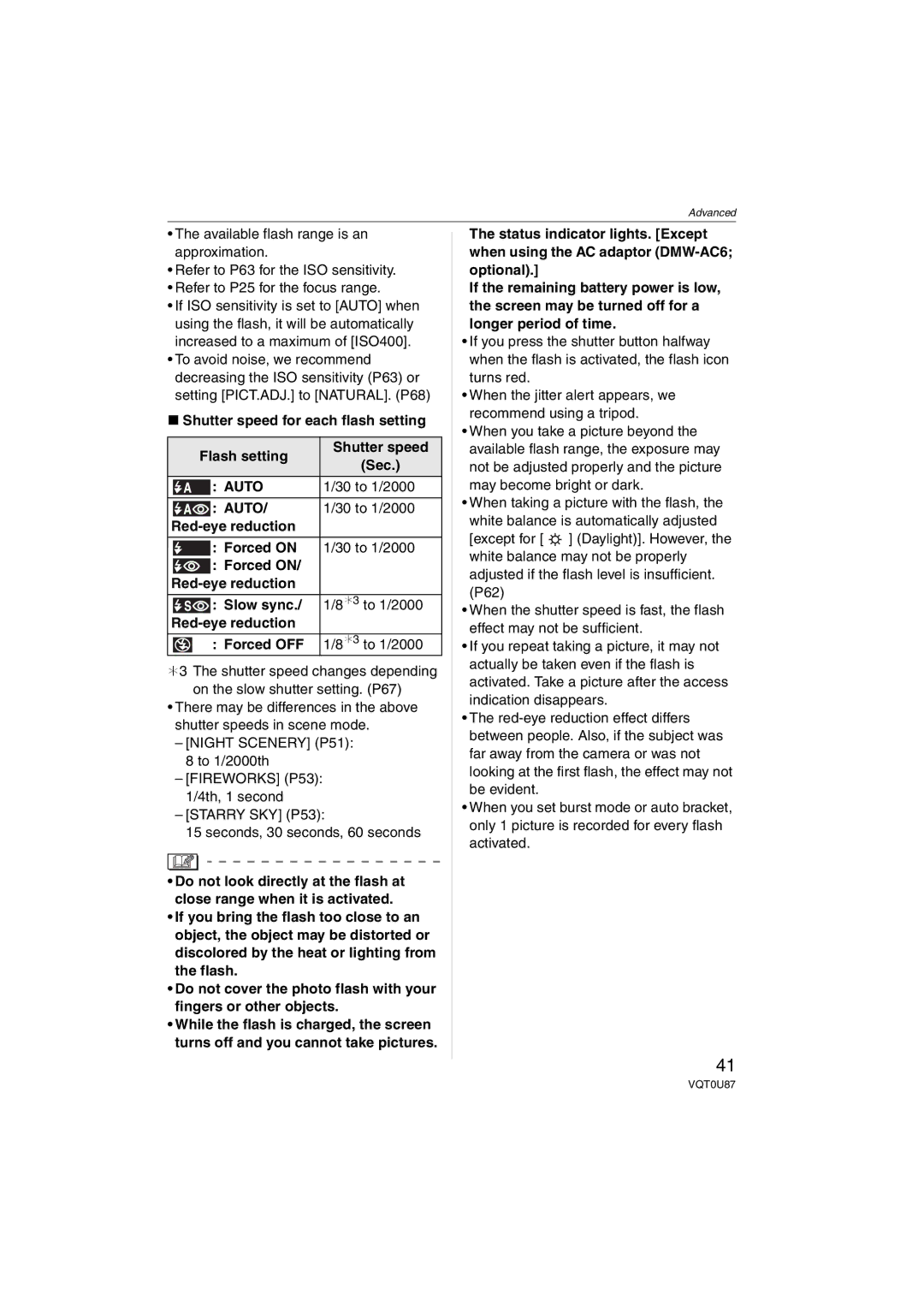 Panasonic DMC-LZ4, DMC-LZ5, DMC-LZ3, DMCLZ5S, DMCLZ3S Shutter speed for each flash setting Flash setting Sec, 30 to 1/2000 